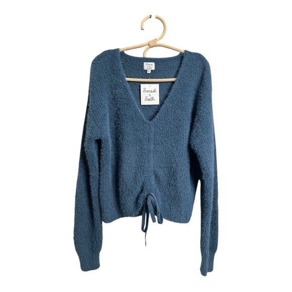 Sunsets & Sixth Fuzzy Long Sleeve Indigo Blue Tie V Neck Slouchy Sweater NEW - Picture 1 of 13